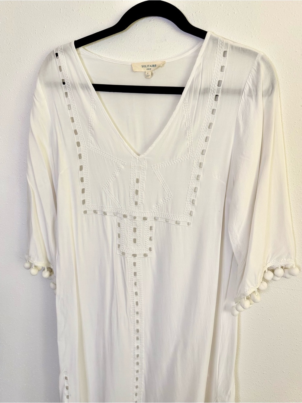 Solitaire Swim White Pom Pom Cover Up Dress Boho Beach Size S - Picture 2 of 7